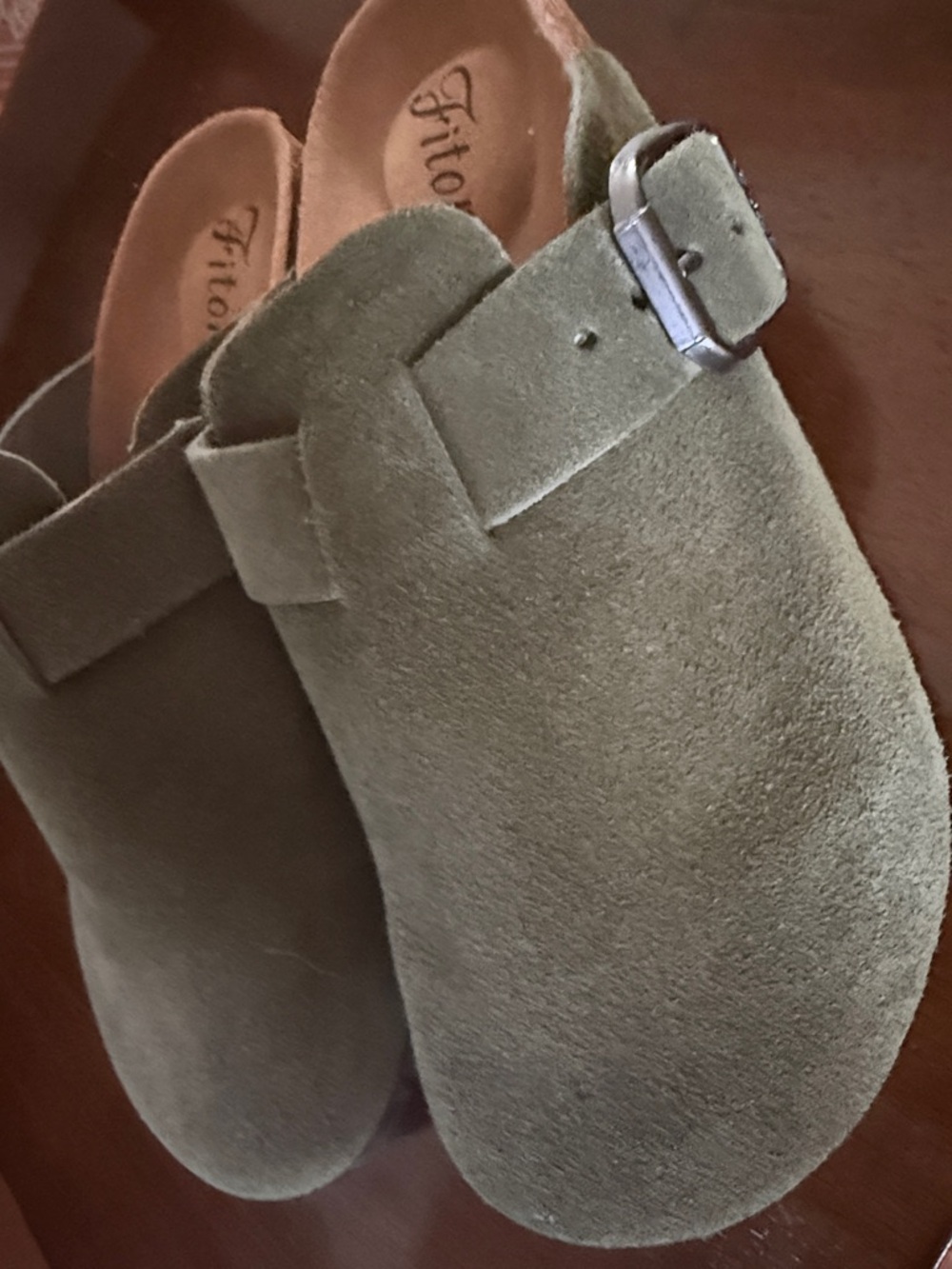 Fitory Olive Green Suede Buckle Clog Mules